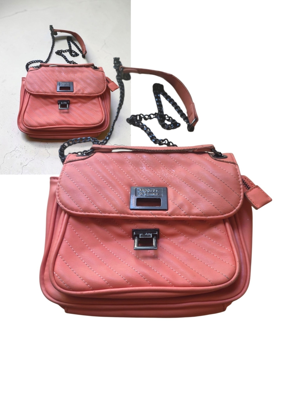Badgley Mischka Coral Pink Chevron Quilted Flap Crossbody Bag Chain Strap